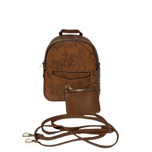 NEW Brown Floral Vegan Leather Backpack with Coin Pouch attached by Gold Chain